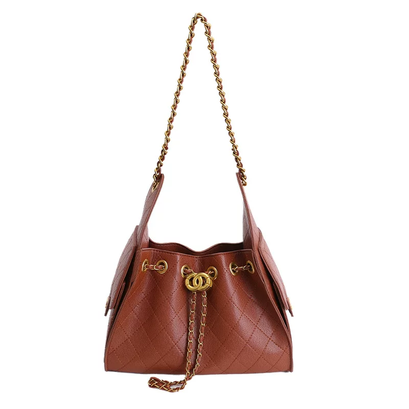 High-End Quilted Chain Bucket Bag - Brown